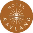 This image shows a brown circular logo with &ldquo;Hotel Rayland&rdquo; written around a stylized sunburst design.