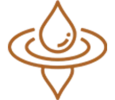 The image depicts a stylized water droplet design with concentric circular ripples and a downward pointing triangle, in a brown color scheme.