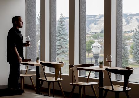 A man by tall windows in a cozy lounge holds a glass of red wine, gazing at mountains and a sunlit garden outside.
