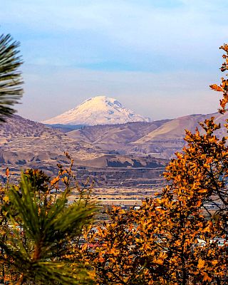 A snow-capped mountain is visible through autumn trees, overlooking a valley and town under a blue sky.